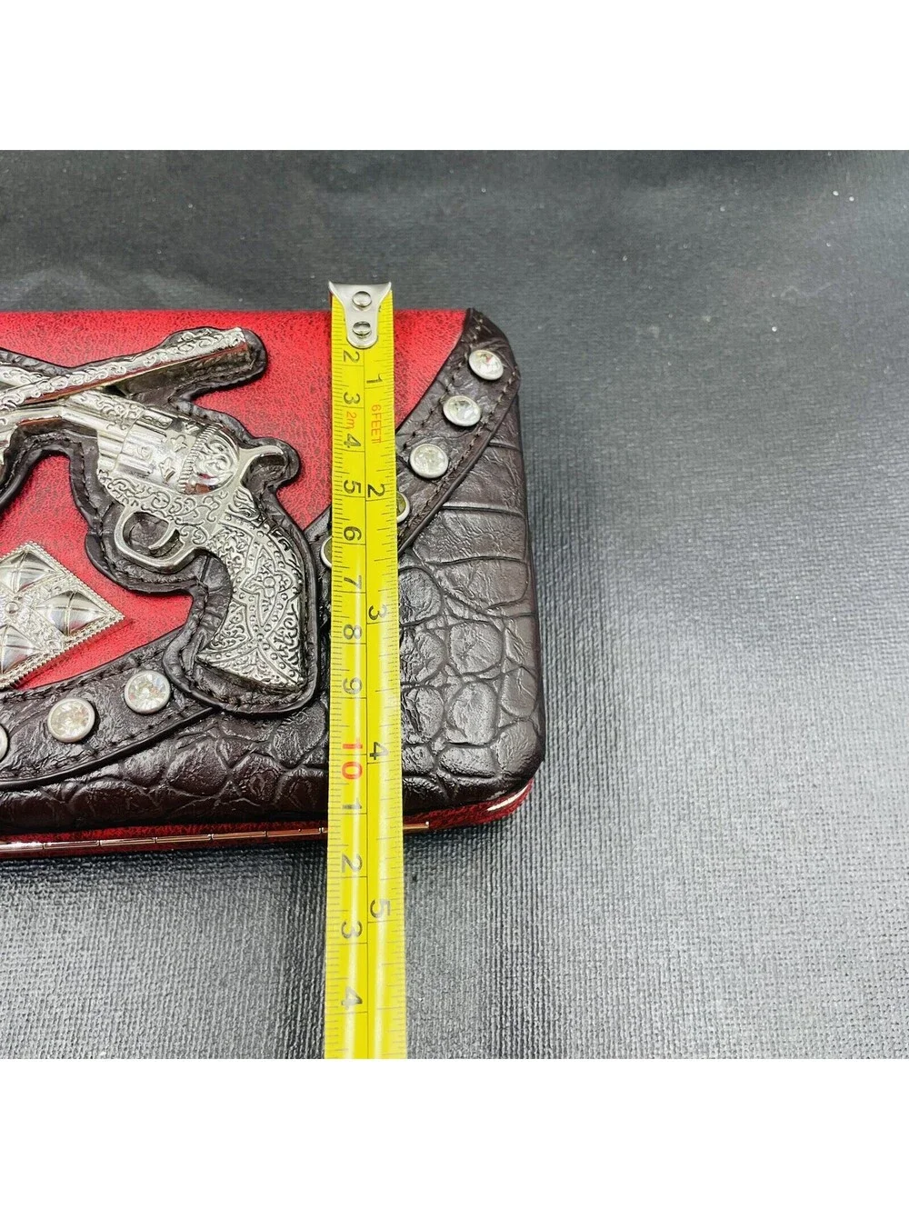 Texas Western Style Wallet Double Guns Red Burgundy & Black Silver Pistol Design